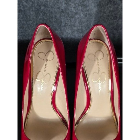 Jessica Simpson Red Patent Leather Cork Platform Wedge Peep Toe Heels 8.5M Sexy - Picture 8 of 8